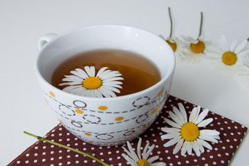 cup of tea on brown polka dot fabric with camomile on a white background
