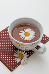 cup of tea camomile in it on a brown polka dot fabric on a white background  top view copy space