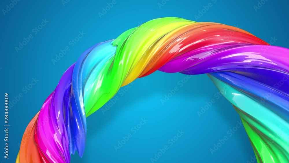 Poster abstract background with rainbow color stripes that moving in a circle and shiny on blue background 
