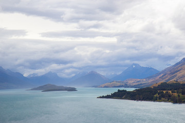 Naklejka premium view of northern end of Lake Wakatipu in the South Island , New Zealand