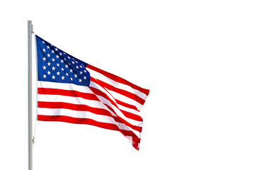 American flag waving in the wind isolated on white background with clipping path.