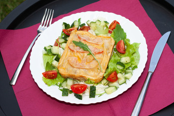 Sandwich and salad on a plate. Served table with knife and fork.