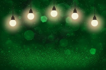 Fototapeta na wymiar green cute glossy glitter lights defocused bokeh abstract background with light bulbs and falling snow flakes fly, festal mockup texture with blank space for your content