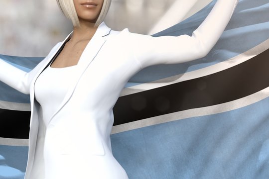 beautiful business lady holds Botswana flag in hands behind her back on the office building background - flag concept 3d illustration