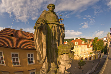 Fototapeta premium View from Charles Bridge (Karluv most), founded in 1357, Baroque Sculptures from the 18th Century, Historical Center of Prague-UNESCO World Cultural and Natural Heritage Register, Czech Republic