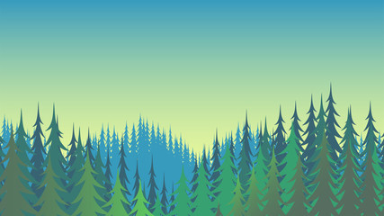 Green coniferous forest and morning sky. Beautiful background for design. Vector illustration. © Mikhail