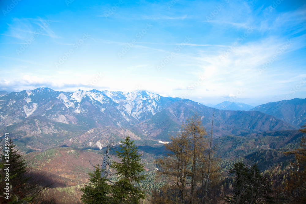 Wall mural upper austria, austria - high angle view of mountains and a valley.