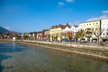 Fototapeta na wymiar Bad Ischl, Upper Austria, Austria - An old world cityscape set on a waterway.