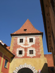 Czech Republic, Cesky Krumlov. An intricate sundial decorates the Budejovicka Gate, built in 1598, in Latran in Cesky Krumlov, South Bohemia, Czech Republic.