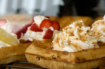 Belgium, Brugge (aka Brug or Bruge). Historic Brugge, UNESCO World Heritige Site. Classic Belgium waffles.