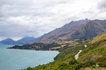 Naklejka na ściany i meble view of northern end of Lake Wakatipu in the South Island , New Zealand