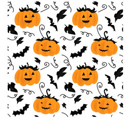 Halloween pumpkin holiday seamless pattern background with hand drawing elements - pumpkin, bat. Vector illustration