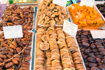 Dried fruit in outdoor market, Nice, Cote d'Azur, France, Europe