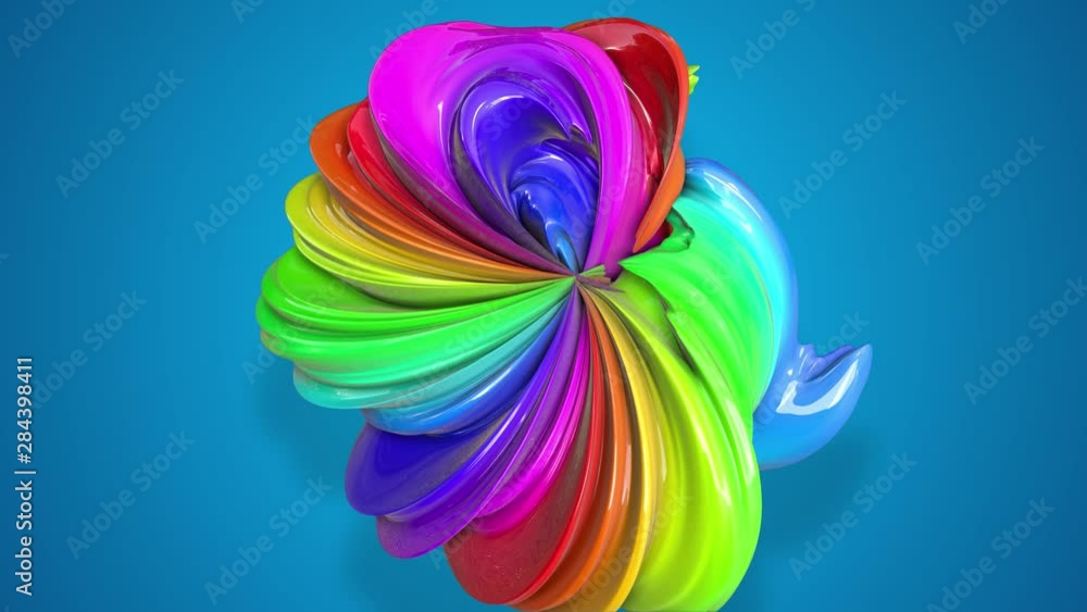Poster abstract background with rainbow color stripes that moving in a circle and shiny on blue background 