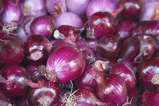 Red onions for sale at the open air market held in Bergerac, France.