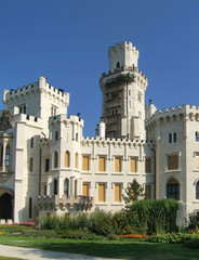 Czech Republic, Hluboka Castle. Workers repair the main tower at Hluboka Castle in South Bohemia, Czech Republic.