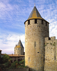 Fototapeta na wymiar France, Carcassonne. The towers of La Cite at Carcassonne, a World Heritage Site, afforded villagers a clear view to the countryside of southern France.