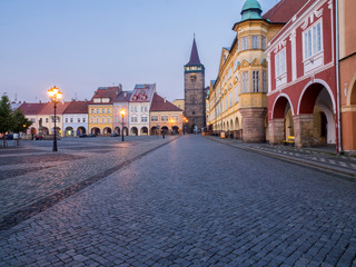 Fototapeta na wymiar Czech Republic, Jicin. The main square surrounded with recently restored historical buildings.