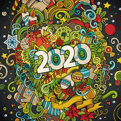 Obraz na płótnie Canvas 2020 hand drawn doodles illustration. New Year objects and elements poster