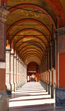 The arcades of Bologna, university area near The Porta Zamboni gate in Bologna, Italy 