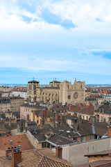Fototapeta premium Rooftop view of Saint John the Baptist Cathedral and Old Town, Lyon, France, Europe