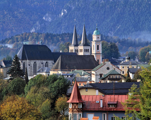 Fototapeta na wymiar Germany, Bavaria, Berchtesgaden. The spires of the churches mark the center of Berchtesgaden in Bavaria, Germany.