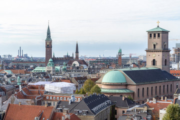 Fototapeta na wymiar Copenhagen City. Vor Frue Kirke, view from Rundetaarn in the City Center. Denmark.