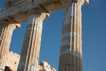 Greece, Athens, Acropolis. The Parthenon, Doric temple dedicated to the maiden goddess Athena. Detail of ancient columns..