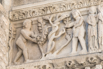 Adam and Eve relief sculpture, St. Trophime Cathedral, Arles, Provence, France, Europe