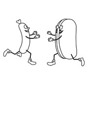 würstchen 2 freunde brötchen rennen glücklich umarmen paar laufen wurst grillen hot dog grillwurst bratwurst wienerchen lyoner lecker hunger chef koch liebe meister schürze lustig clipart