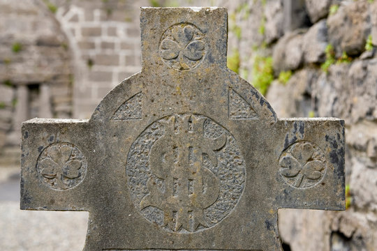 Ireland, County Mayo, Murrisk. Celtic cross detail in ruins of Murrisk Abbey.