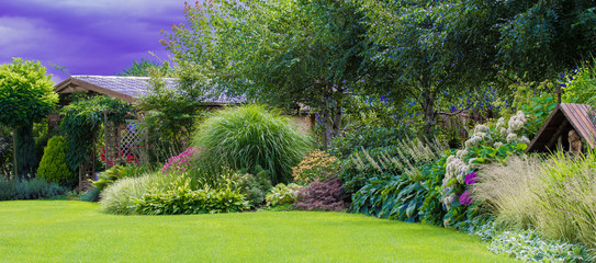 Zielony trawnik w pięknym ogrodzie - obrazy, fototapety, plakaty