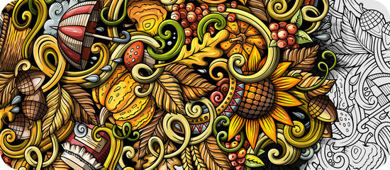 Cartoon cute colorful hand drawn doodles Fall season banner