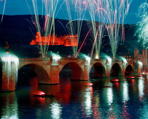 Germany, Bavaria, Heidelberg. Fireworks help commemorate the Burning of the Schloss in Heidelberg,...
