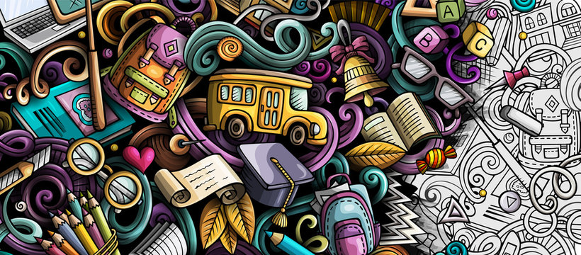 Fototapeta Cartoon cute colorful hand drawn doodles School background