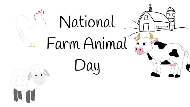 National Farm Animal Day illustrated on white with barn and animals.