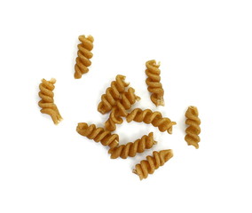Buckwheat spiral dry pasta isolated on white. Ancooked pasta noodles isolated on white background.