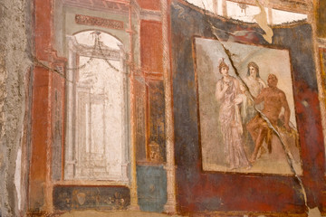 Italy, Campania, Herculaneum. Fresco in the Hall of Augustals depicting Hercules in Olympus with Juno and Minerva.