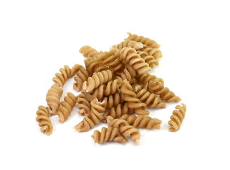 Buckwheat spiral dry pasta isolated on white. Ancooked pasta noodles isolated on white background.