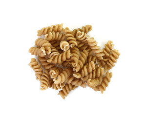 Buckwheat spiral dry pasta isolated on white. Ancooked pasta noodles isolated on white background.