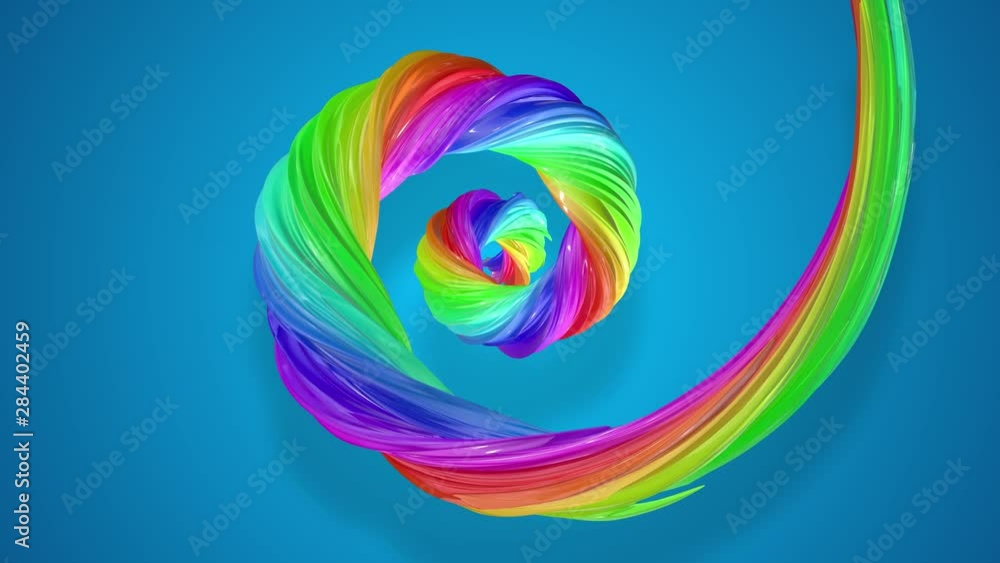 Poster abstract background with rainbow color stripes that moving in a spiral and shiny on blue background 