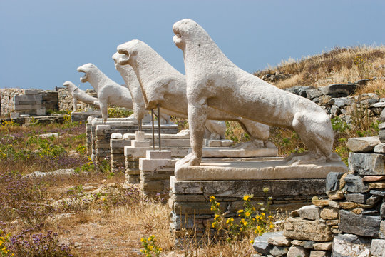 Greece, Delos. Ruins of ancient Terrace of the Lions.