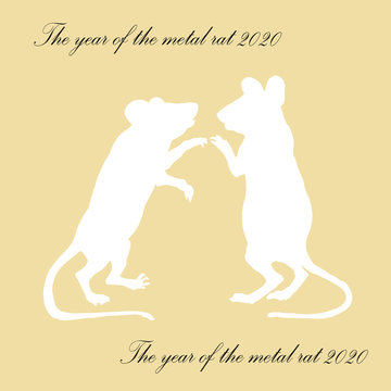 two vector-drawn isolated silhouettes of mice, rats. mouse on the hind legs on a colored background and the inscription "Year of the metal rat 2020" 