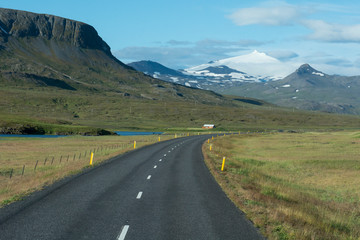 West Iceland (aka Vesturland), Snaefellsnes Peninsula (aka Snaefellsnes). View of Snaefellsjokull Glacier from National Road N1, Road 54.