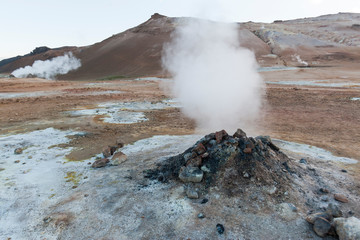 North Iceland, Lake Myvatn, Hverir Geothermal Field. Geothermal vents spew steam.