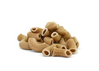Rustic rigatoni pasta isolated on white background. Maccheroni integrals pasta. Wholemeal Pasta. Close-up on a Integral Penne.