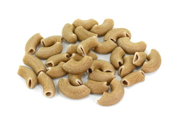 Rustic rigatoni pasta isolated on white background. Maccheroni integrals pasta. Wholemeal Pasta. Close-up on a Integral Penne.