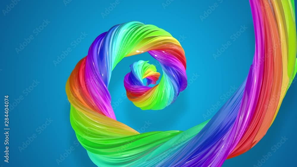 Poster abstract background with rainbow color stripes that moving in a spiral and shiny on blue background 