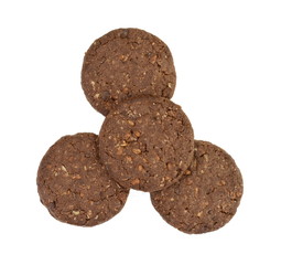 Round chocolate whole wheat biscuit, cookie with raisins isolated on white background. Chocolate Biscuits with whole-wheat (wholemeal) flour isolated on white background 