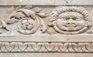 Italy, Campania, Herculaneum. Details of carvings on the cenotaph located on the terrace of Nonius Balbus.